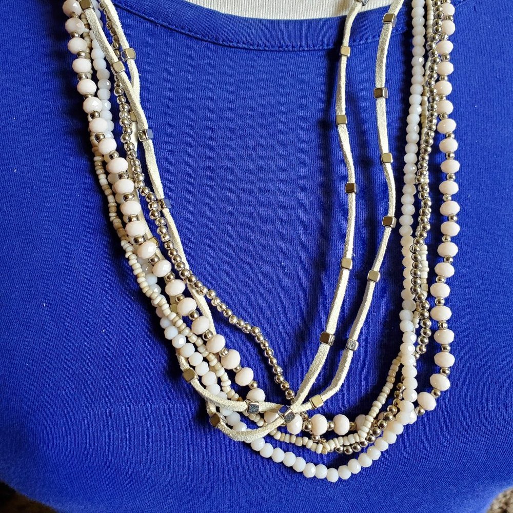 24" Long Layered White Leather and Glass Necklace